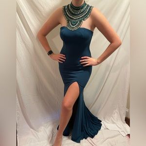 Madison James Emerald Green Formal Gown with High Slit and Beaded Neckline